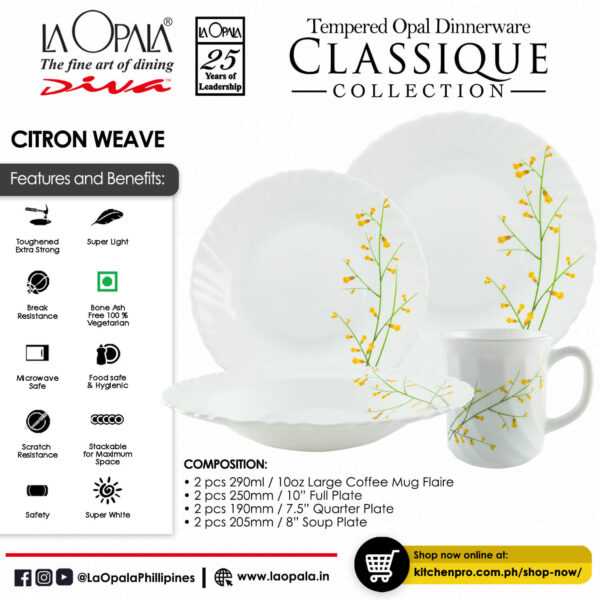 LaOpala 8 Piece Classique Decorated Dinnerware Set - Citron Weave - Image 7