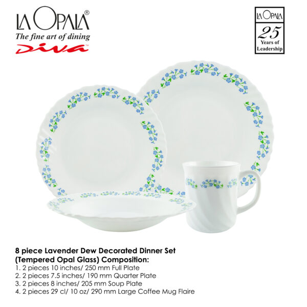 LaOpala 8 Pieces Classique Decorated Dinner Set - Lavender Dew (Tempered Opalware)